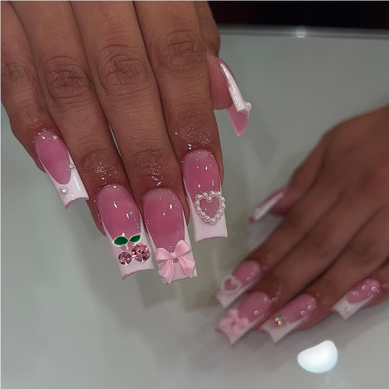 24 PCS Cherry Bow Nail Art Long Length Long Water Pipe Fake NailsSquare Head Nail Tips False Nail