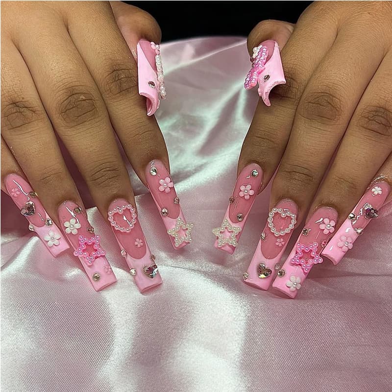 24 PCS Pearl Love Star Nail Art Long Length Long Water Pipe Fake NailsSquare Head Nail Tips False Nail