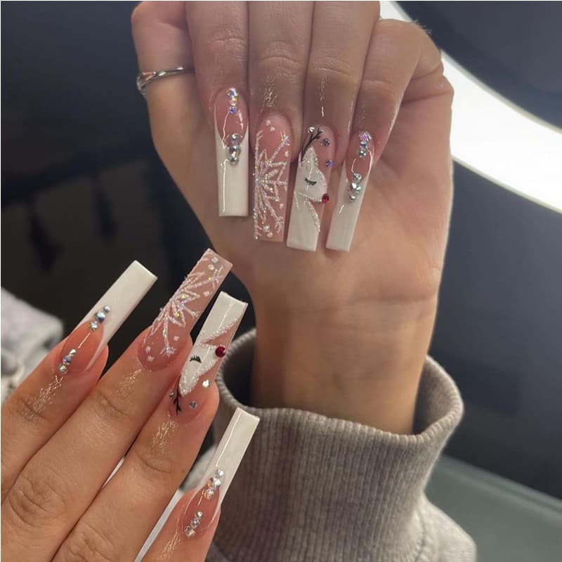 24 PCS Diamond Deer Snowflake Nail Art Long Length Long Water Pipe Fake NailsSquare Head Nail Tips False Nail