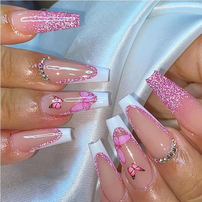 24 PCS Glitter Powder Butterfly Nail Art Long Length Long Water Pipe Fake NailsSquare Head Nail Tips False Nail