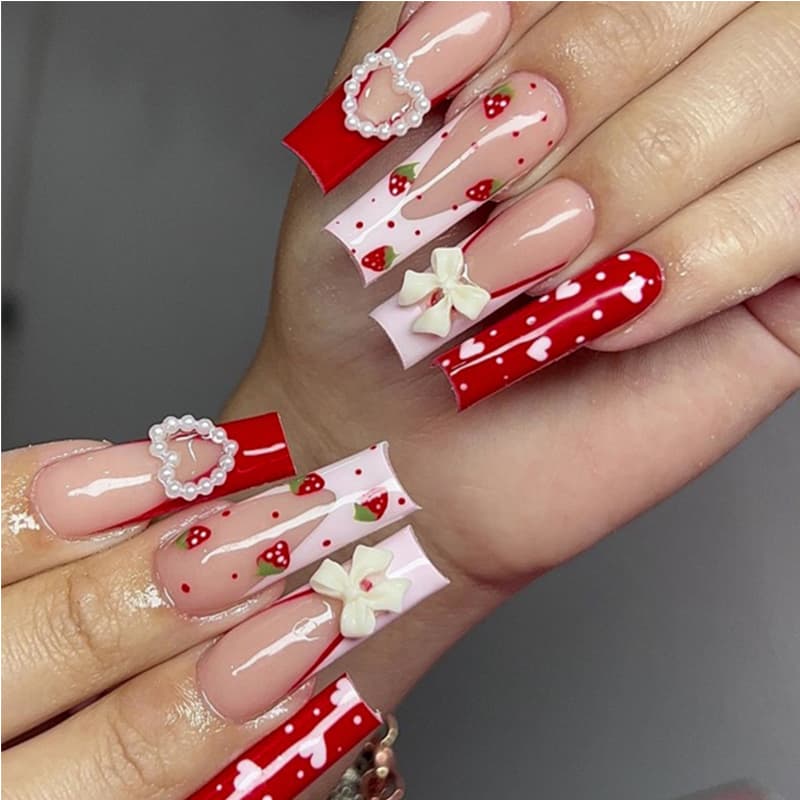 24 PCS Strawberry Bow Nail Art Long Length Long Water Pipe Fake NailsSquare Head Nail Tips False Nail