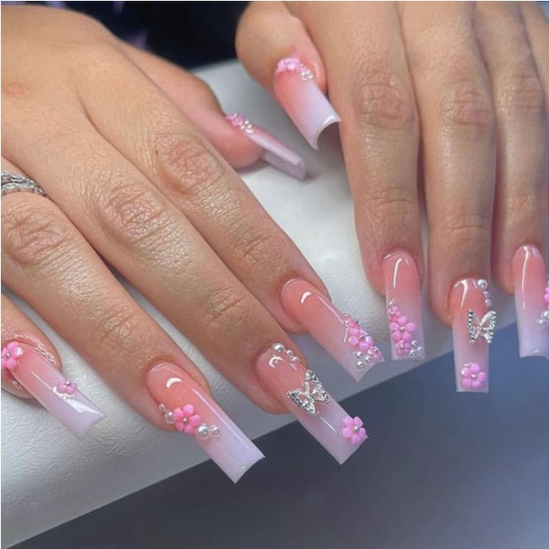 24 PCS Flower Diamond Butterfly Nail Art Long Length Long Water Pipe Fake NailsSquare Head Nail Tips False Nail