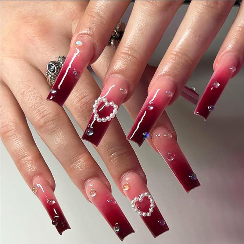 24 PCS Red Heart Nail Art Long Length Long Water Pipe Fake NailsSquare Head Nail Tips False Nail