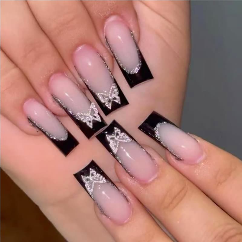 24 PCS Black P Ink Butterfly Nail Art Long Length Long Water Pipe Fake NailsSquare Head Nail Tips False Nail