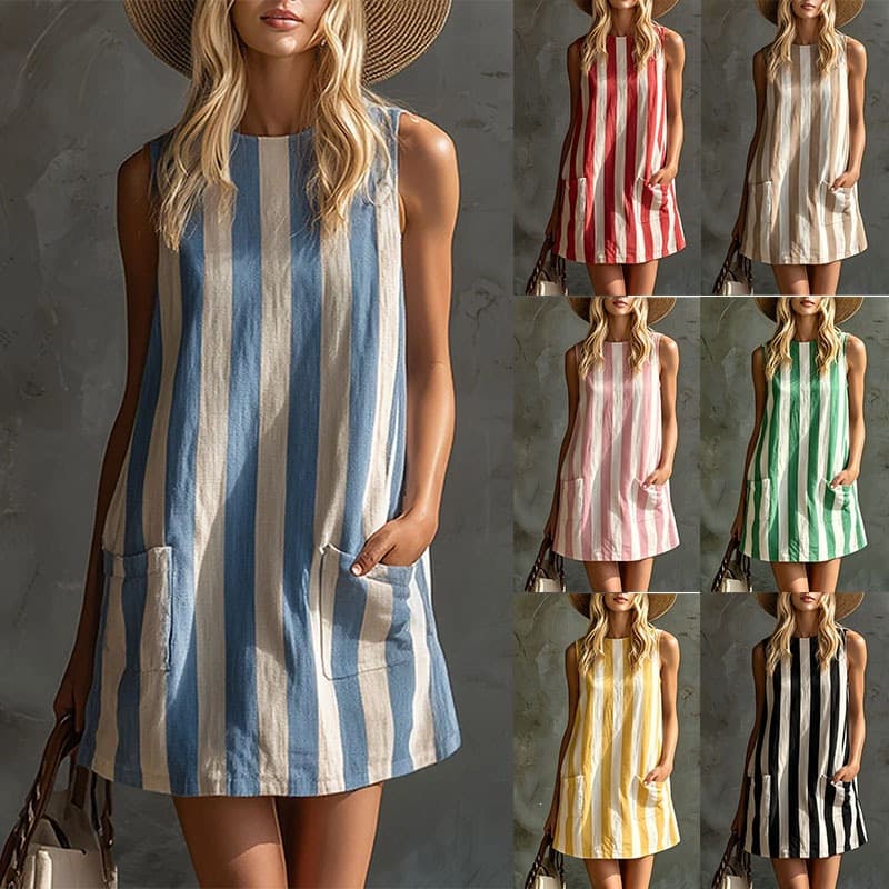 Ins Striped Print Dress Summer Fashion Beach Dresses Women's Clothing