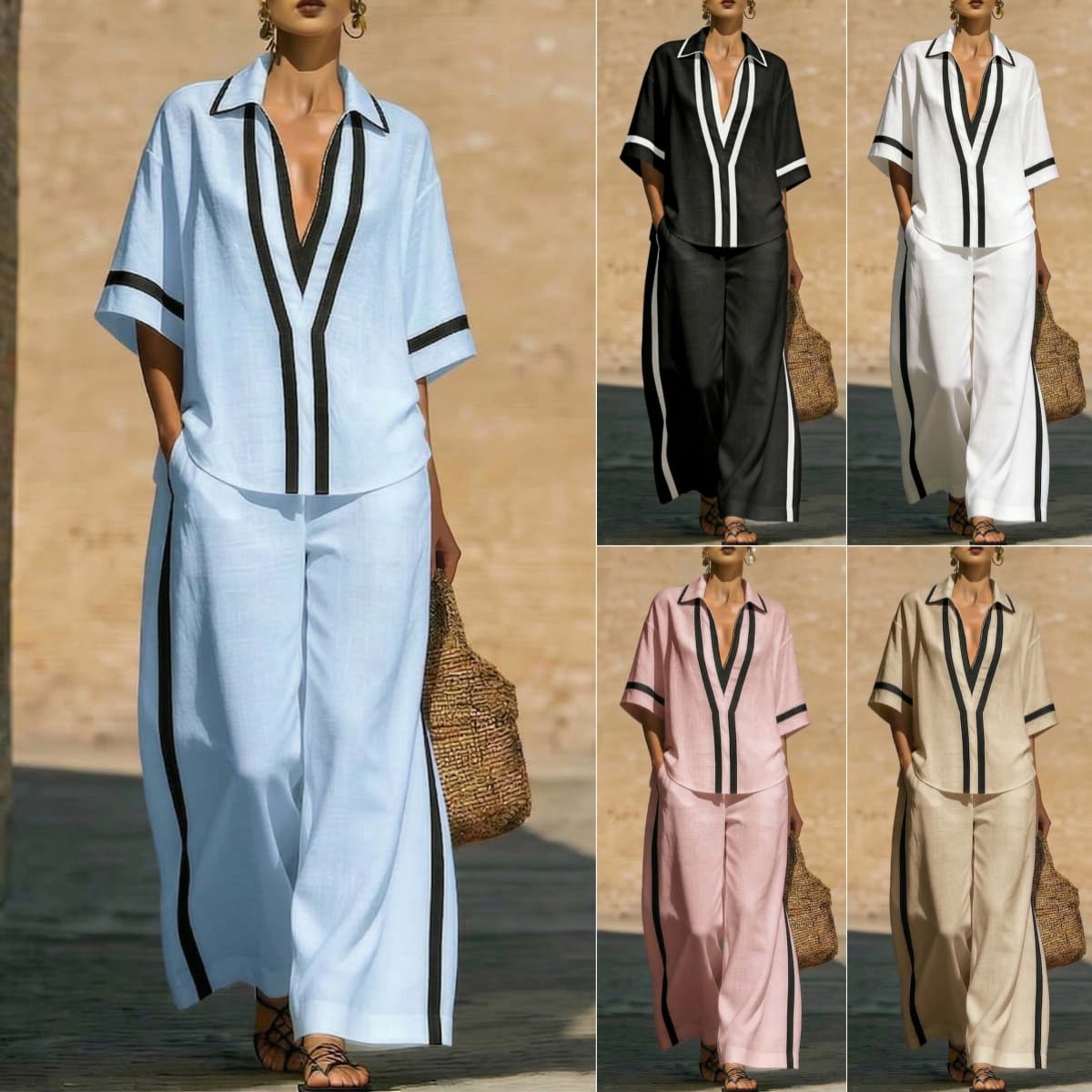 Color Block Short Sleeve Top And Wide Leg Pants Two Piece Set - Casual Summer Loose Fit Matching Outfit For Women Daily Wear