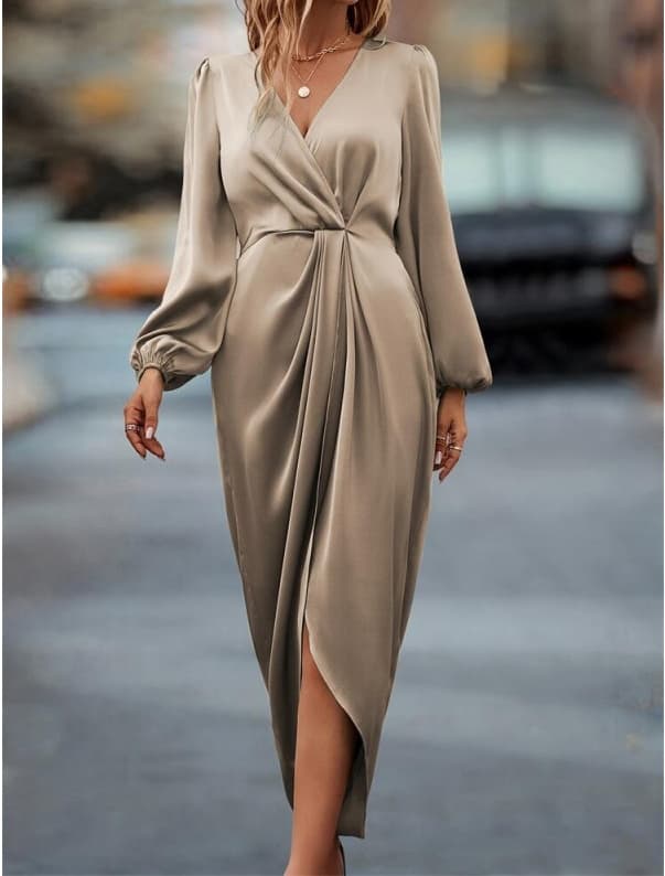 New Style Elegant Cross-Neck Pleated Slit Puff Sleeve Irregular Long-Sleeve Dress Women's Dress