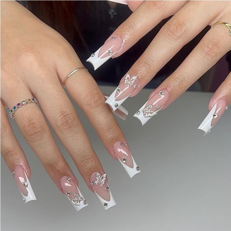 24 PCS Diamond Butterfly Nail Art Long Length Long Water Pipe Fake NailsSquare Head Nail Tips False Nail