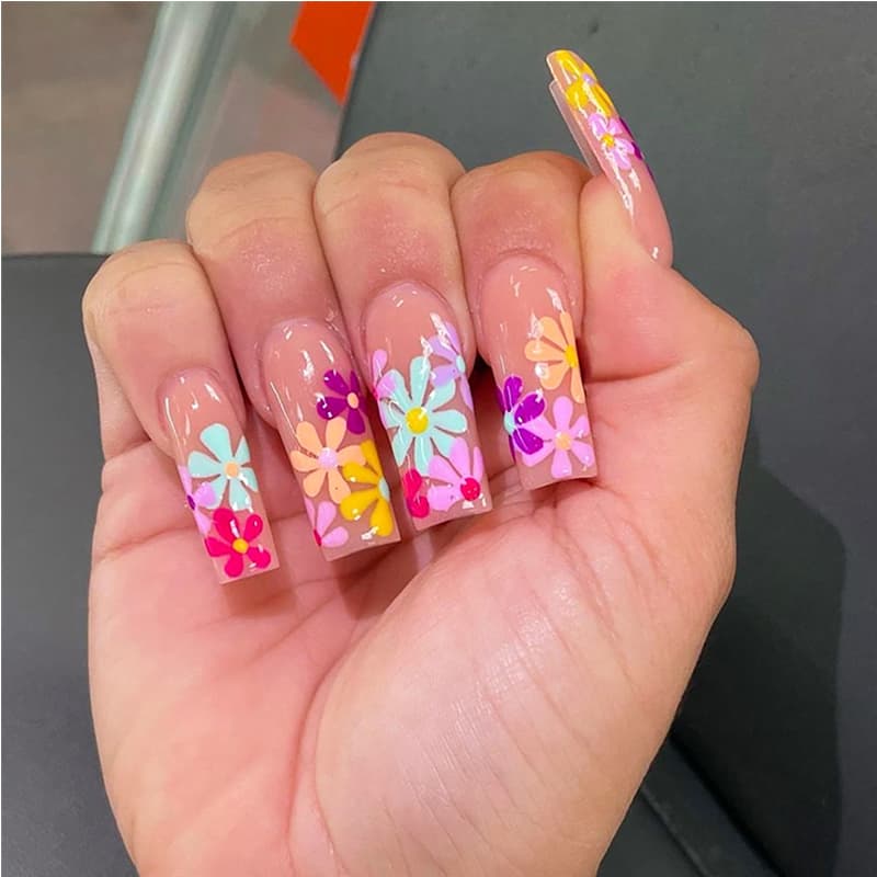 24 PCS Long Flat Flowers Nail Art Long Length Long Water Pipe Fake NailsSquare Head Nail Tips False Nail