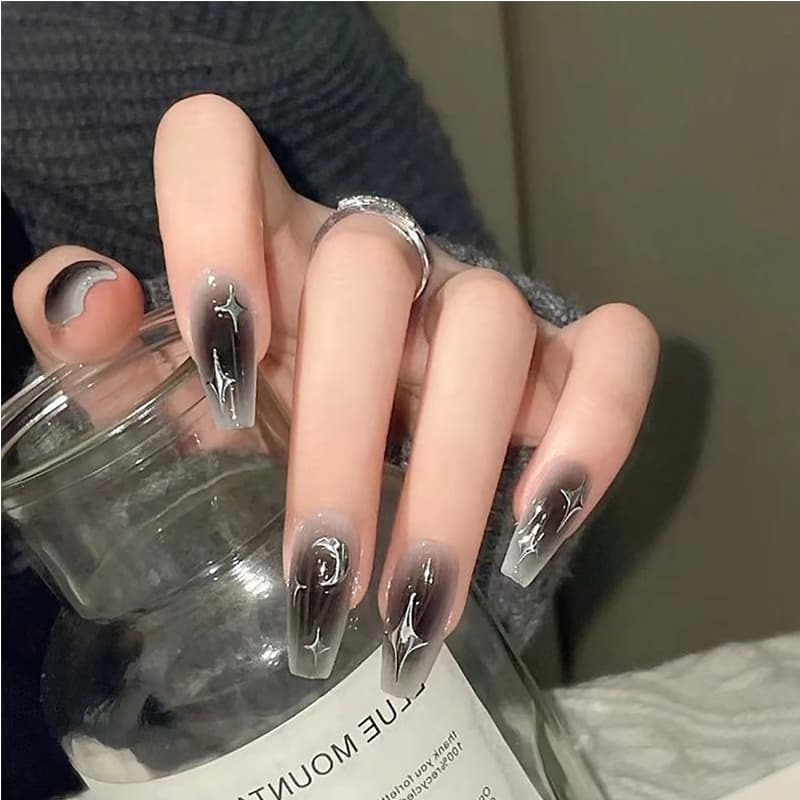 24 PCS Black Silver Star Nail Art Long Length Long Water Pipe Fake NailsSquare Head Nail Tips False Nail