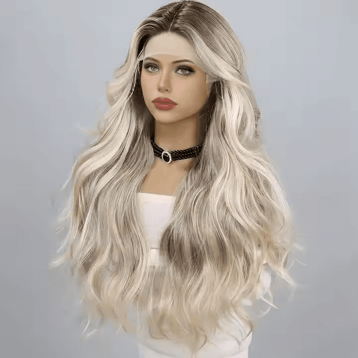 European And American Fashion T-shaped Lace Gold Gradient Wavy Curly Hair Wigs Shipped From Warehouse