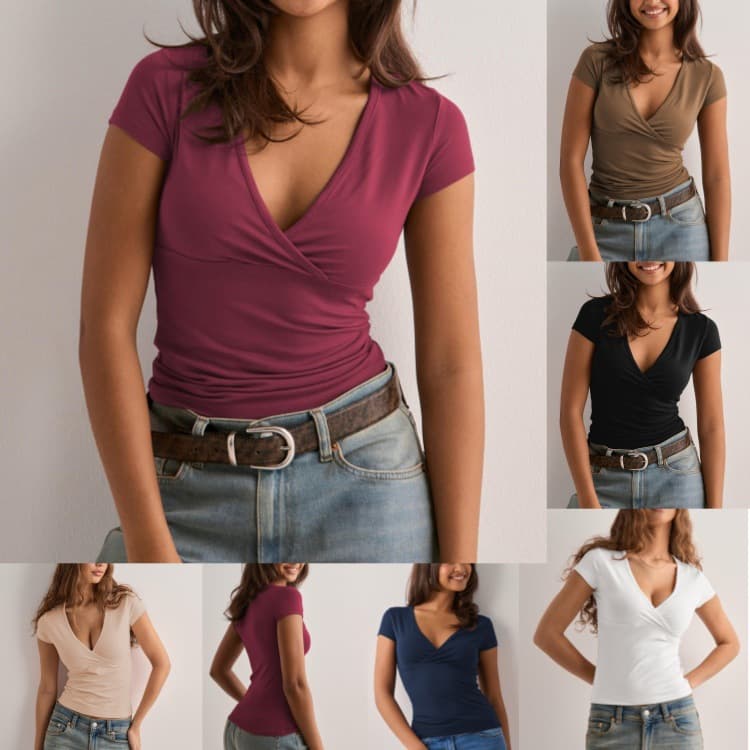 Amazon Cross-border Spring And Summer Solid Color Slim V-neck Short Sleeve T-shirt Foreign Trade Cross-border European And American Top Women's Clothing