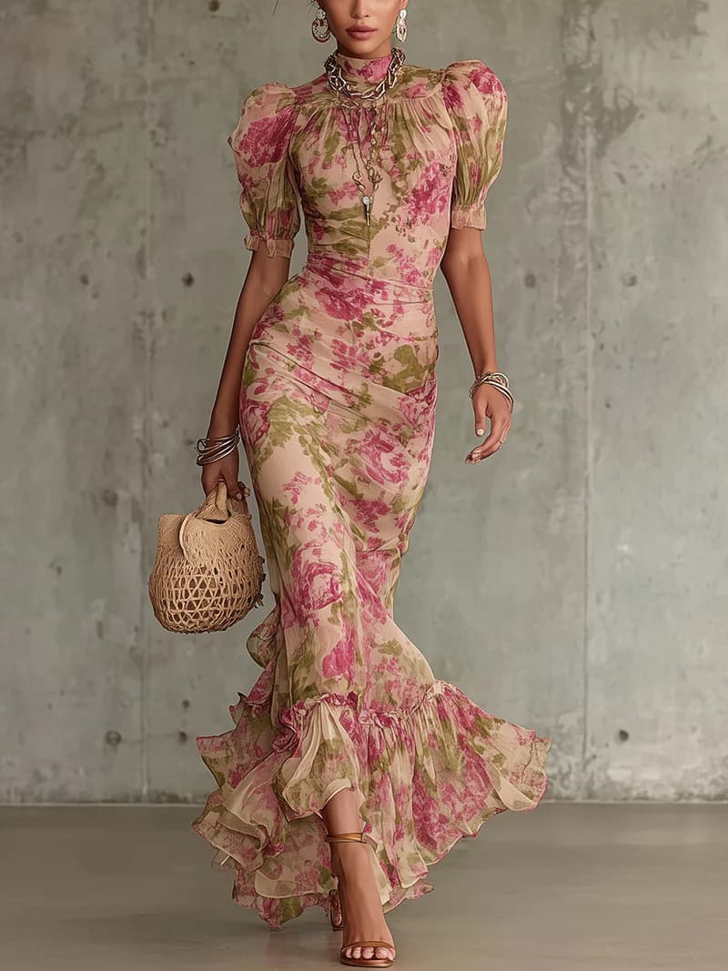 French-style Vintage Chiffon Dress Summer High-neck Puff Sleeve Waist-cinching Slimming Fishtail Elegant Ladylike Vacation Long Dress