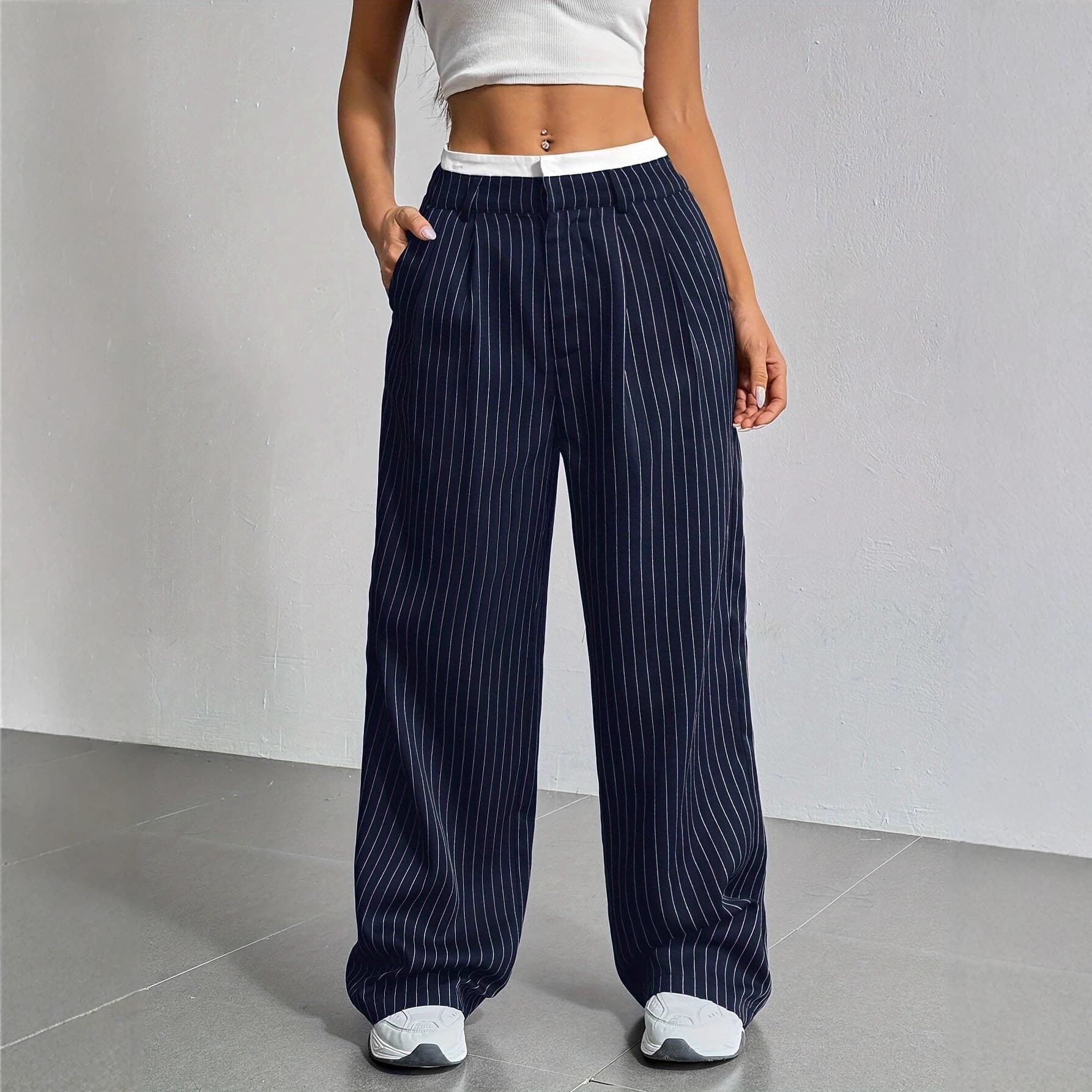 European And American Foreign Trade New High-Waisted Drapey Striped Suit Pants For Women Versatile Straight-Leg Fashion Casual Pants For Work