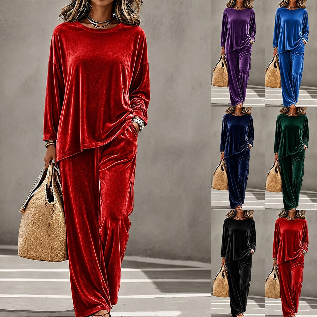 2026 New European And American Style Women's Fashion Casual Round Neck Long Sleeve Pullover And Long Pants Velvet Set In Multiple Colors
