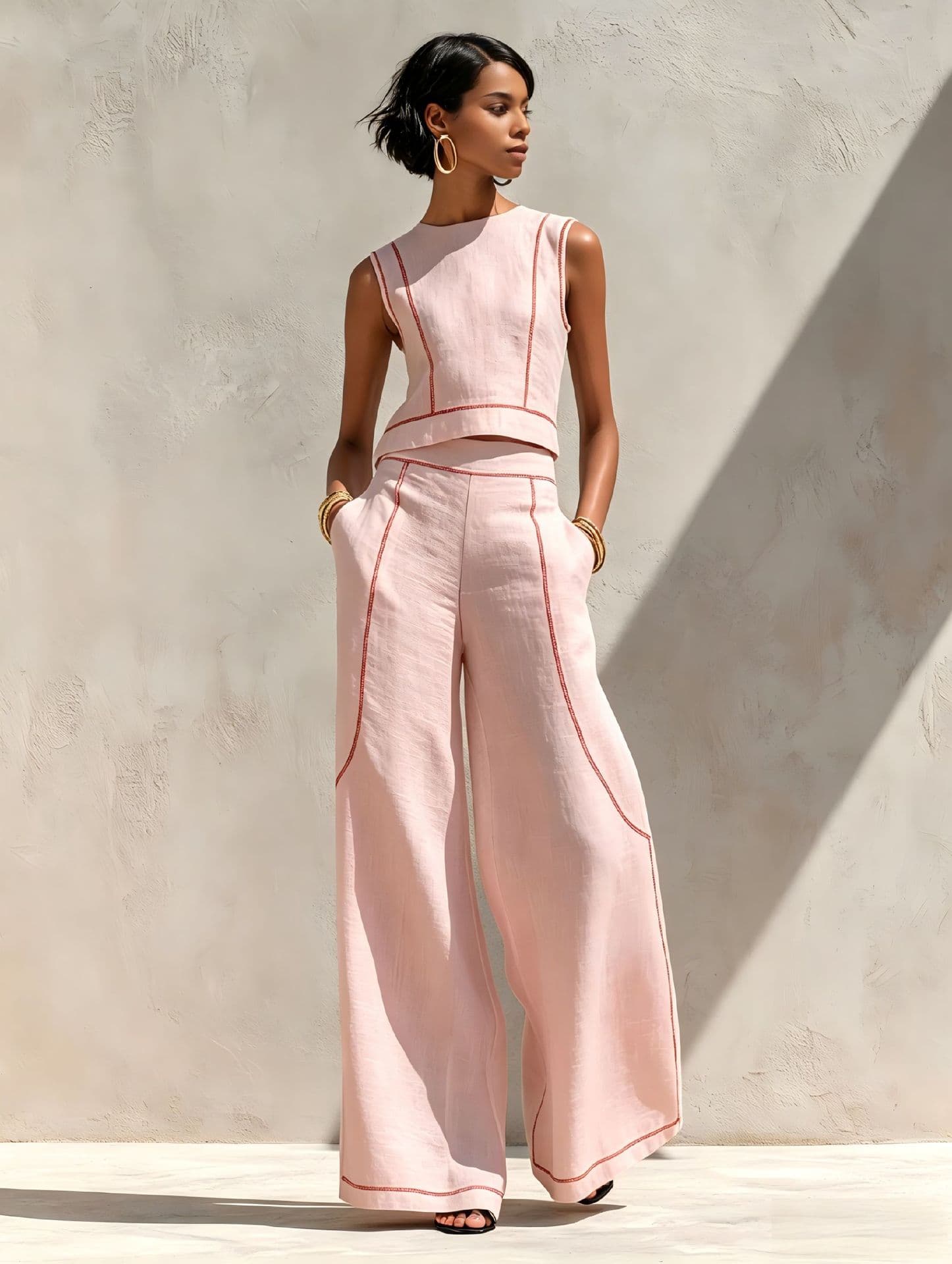 2026 New European And American Style Sleeveless Color-Blocking Wide-Leg Pants Set For Women Summer Casual Fashion Two-Piece Set Trendy Cross-Border Style