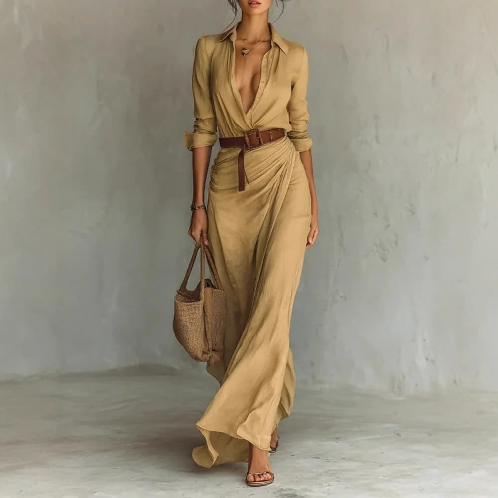 Independent Station European And American Women's Clothing Autum Elegant Elegant Sexy Pure Color Asymmetrical Pleated Dress With Belt