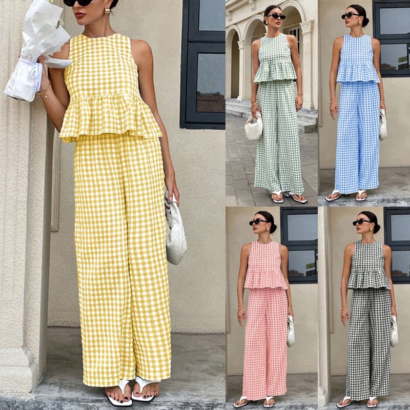 New Women Round Neck Sleeveless Ruffle Hem Top High Waist Straight Summer New Arrival