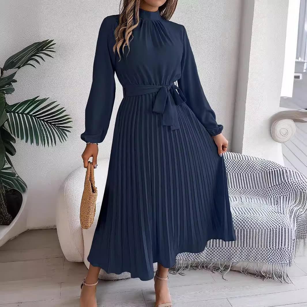 2026 European And American Women's Autumn And Winter Elegant Standing Collar Long Sleeved Waist Cinched Pleated Long Skirt Small Dress