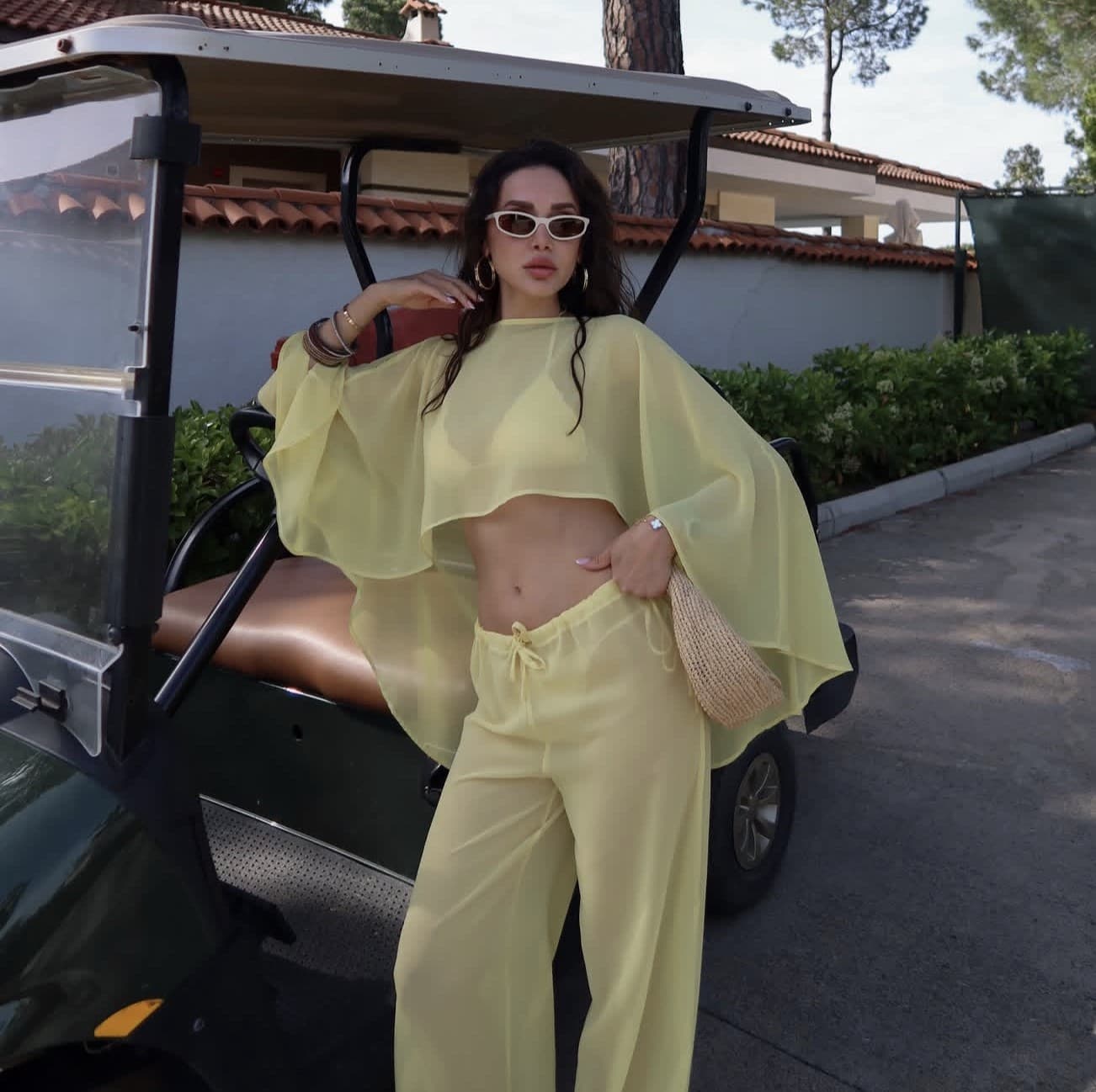 Cross-Border Women's Fashion 2026 Summer New Holiday Chiffon Set Round Neck Cape-Style Top Drawstring Long Pants Set New Arrivals