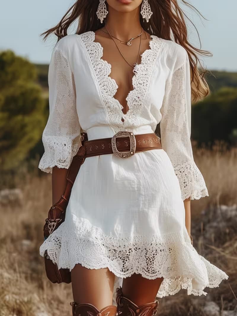 2026 European And American Spring Summer New Women's Horn Sleeve V-neck Lace Lace Loose Dress