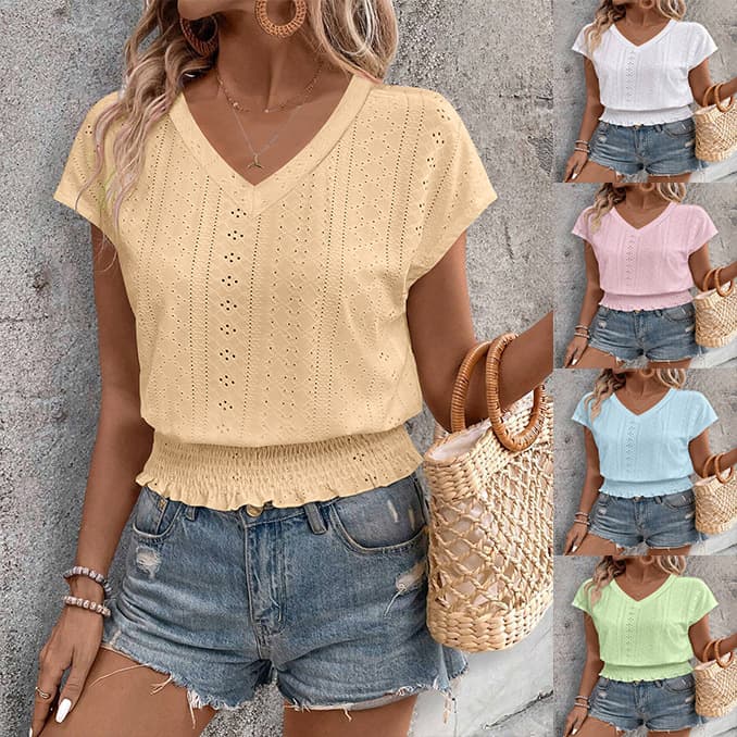 Spring And Summer Temu Cross-border New European And American V-neck Jacquard Hollow Short-sleeved T-shirt Fashion Casual Top For Women
