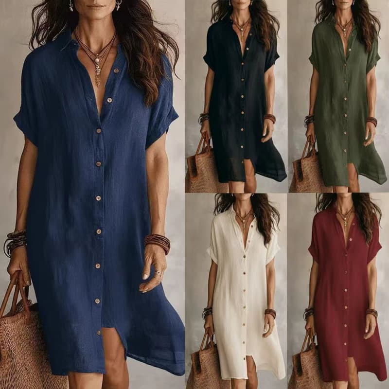 European And American Amazon Cross-Border New Style Shirt Dress Fashionable Casual Solid Color Short-Sleeve Buttoned Mid-Length Dress