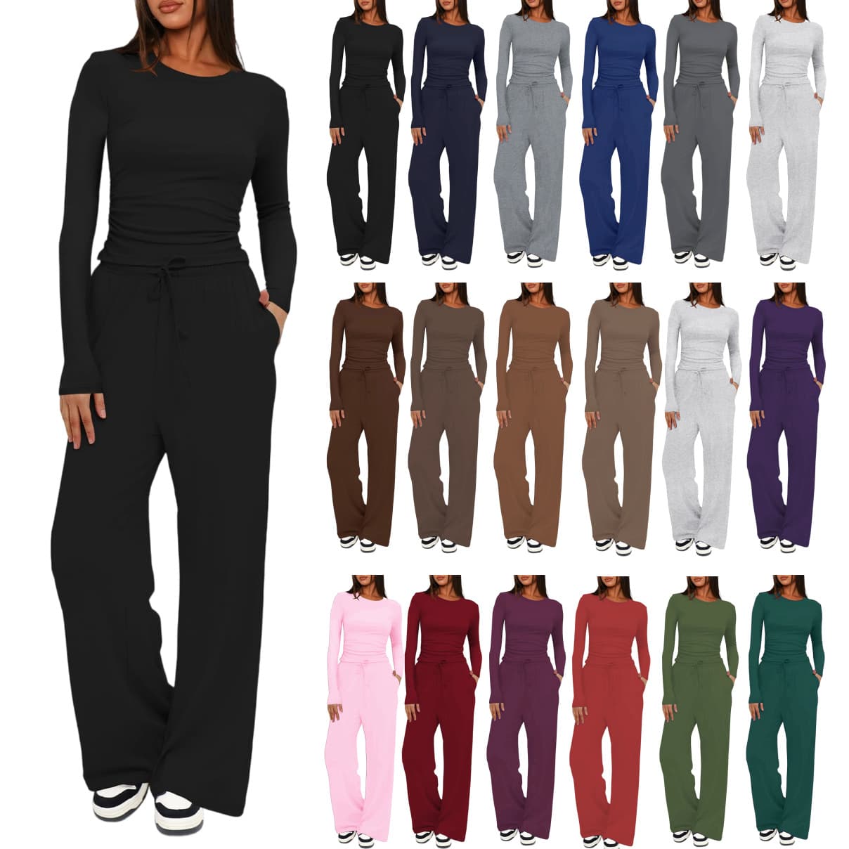 Trendy Solid 2 Piece Tracksuit Women Casual Long Sleeve Top High Waist Wide Leg Pants Set