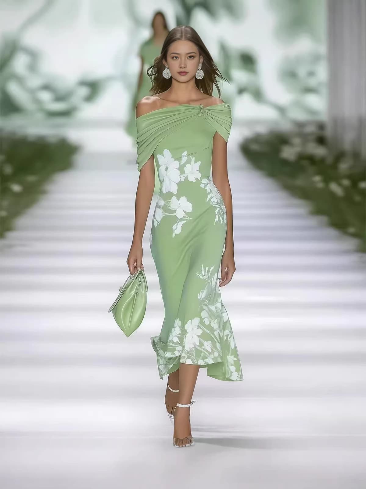 European And American Fashion New Cross-Border Hot-Selling Off-Shoulder Printed Slim-Fit Dress Summer New Style Elegant Bodycon Dress