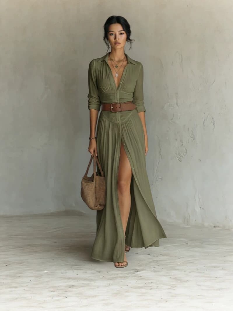 Women's European And American Collar Long-sleeved Shirt-style Dress Gathered High-waist Split Long-line Vacation Dress With Belt