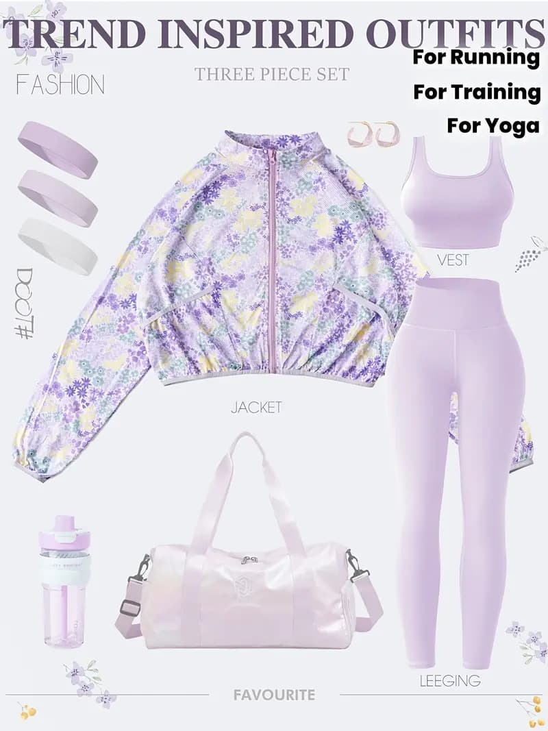 Three-Piece Set Of Long-Sleeved Zippered Outdoor Sports Vest Fitness Pants Accessories Yoga Wear Women's Lavender Yoga Wear