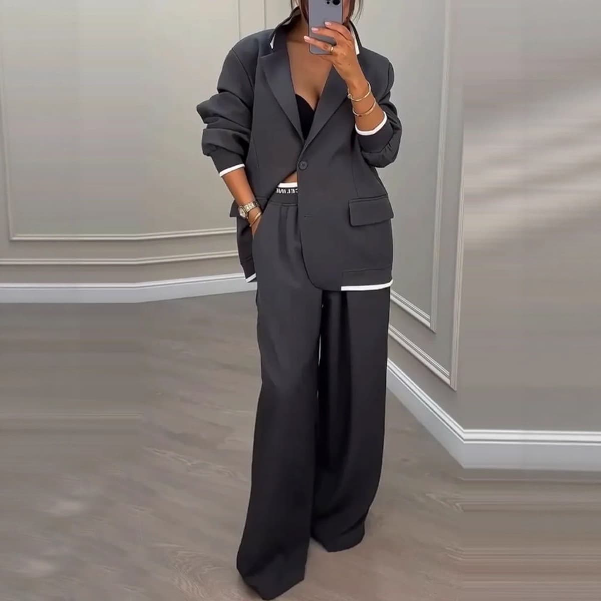 European And American Cross-Border 2026 Autumn And Winter New Women's Clothing Amazon Style Long-Sleeve Jacket Casual Wide-Leg Pants Suit Set