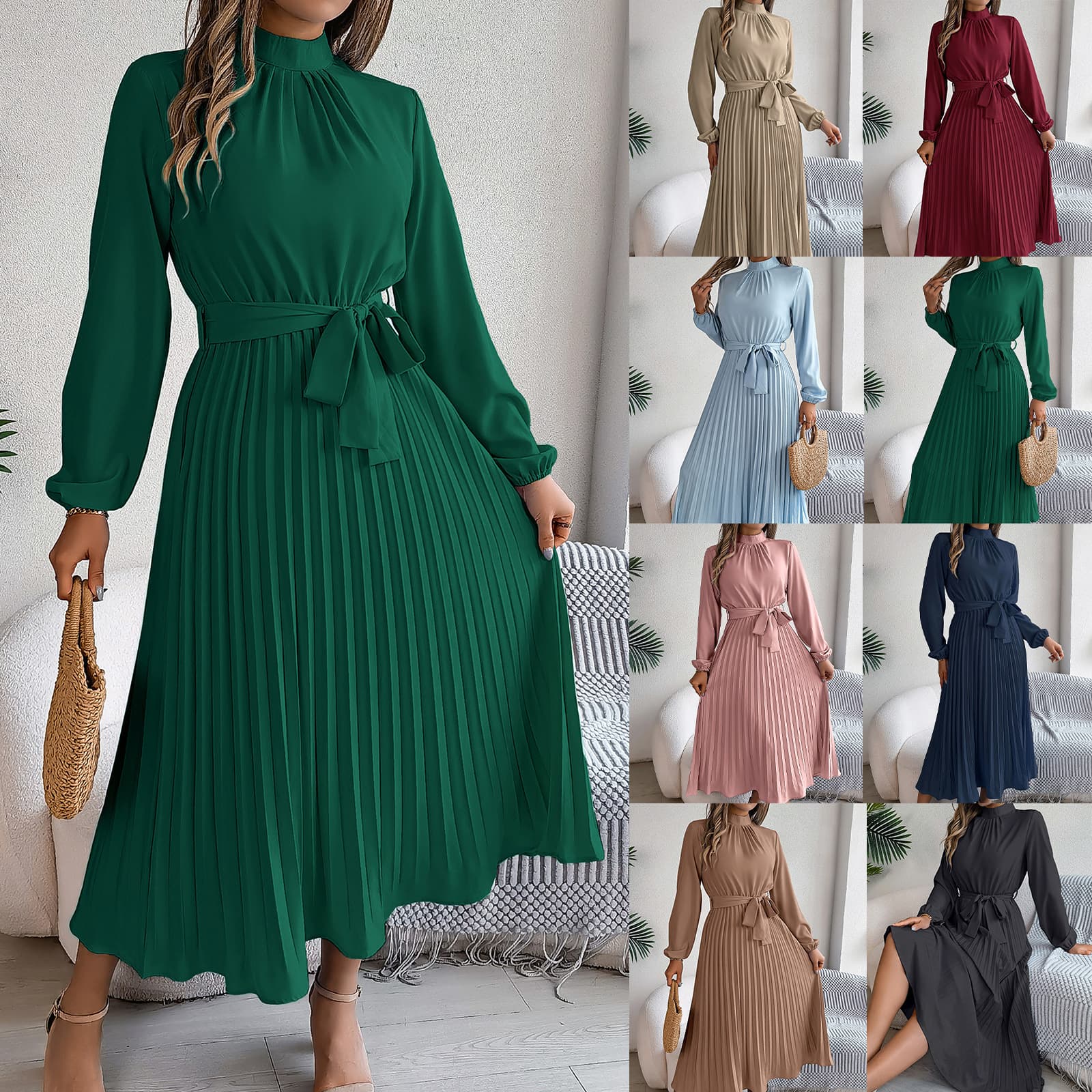 2026 European And American Women's Autumn And Winter Elegant Standing Collar Long Sleeved Waist Cinched Pleated Long Skirt Small Dress