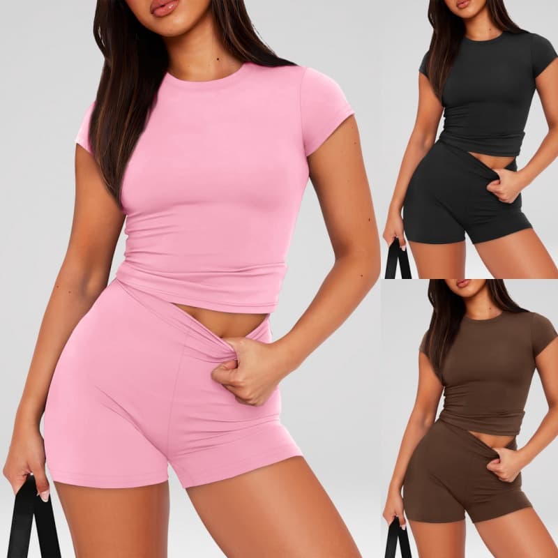 Uropean American Style Women Summer Solid Two Piece Outfit Sexy Short Sleeve Top Casual Shorts Lounge Set