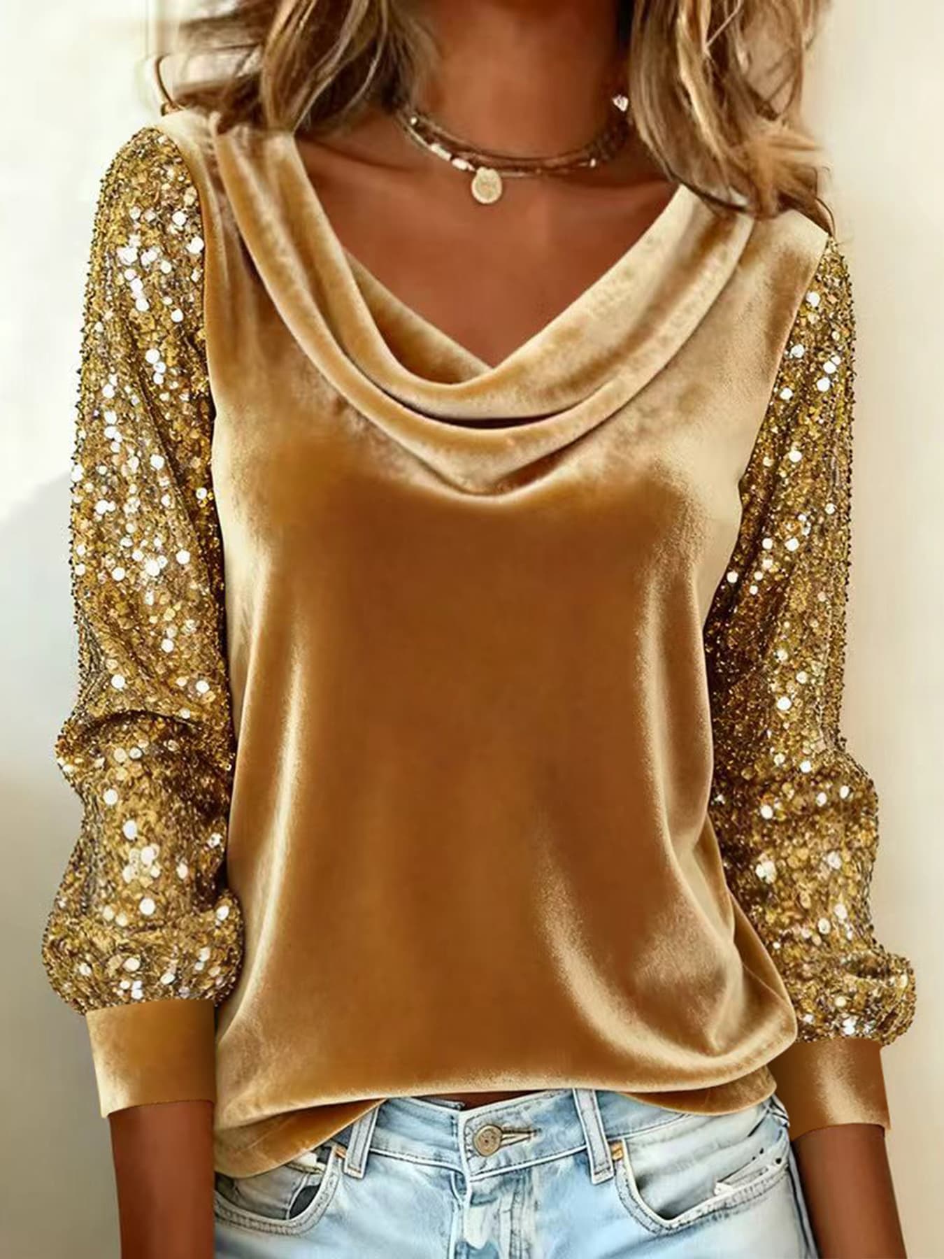 New European And American Cross-Border Fashion Women's Velvet Stacked Collar Sequin Patchwork Long-Sleeve T-Shirt Top