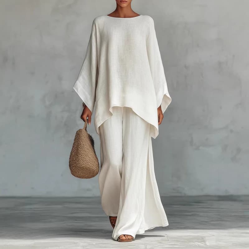 European And American Cross-Border New Style Women's Simple Loose Linen Blend Shirt And Wide-Leg Pants Set