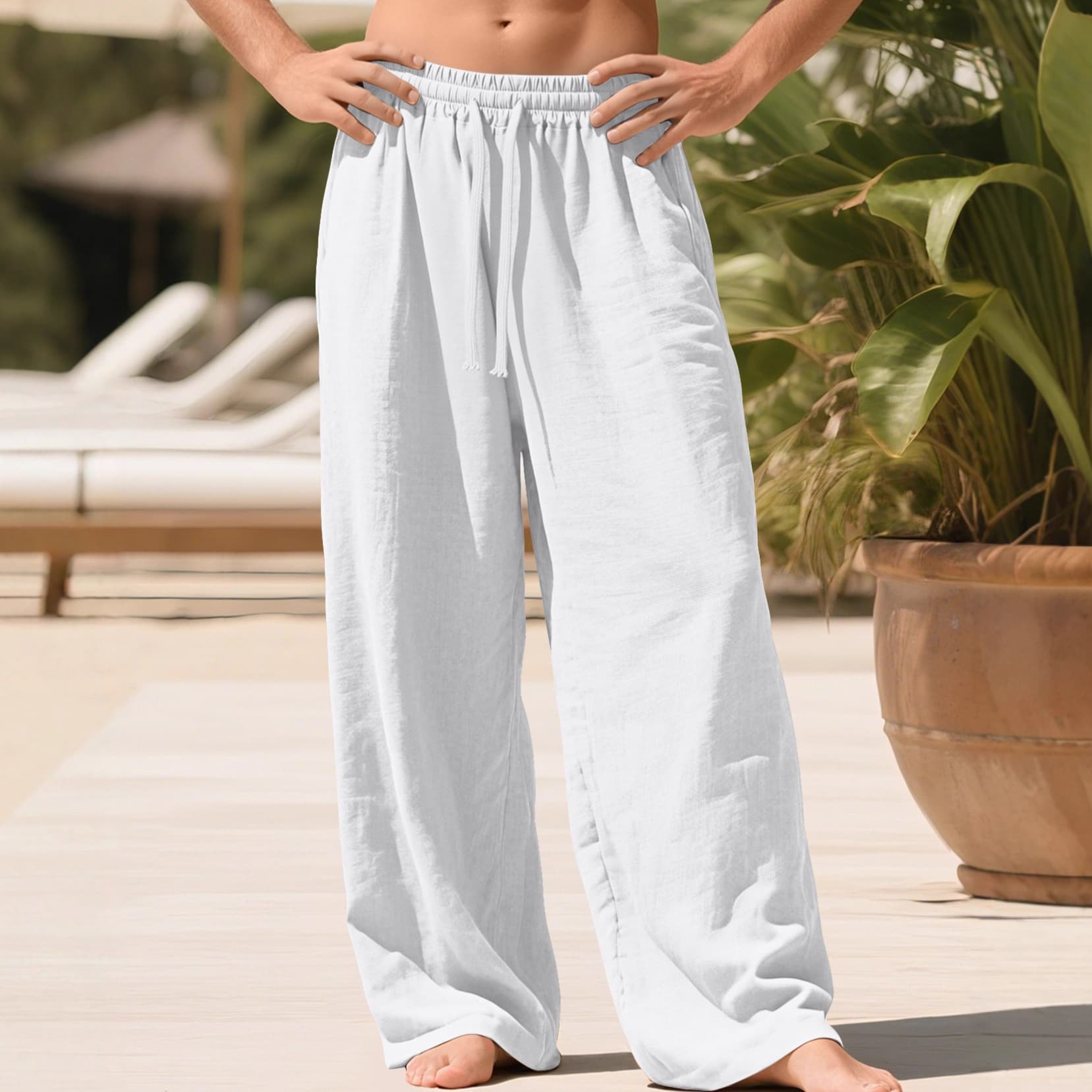 Cross-Border Tk Amazon In-Stock New Autumn European And American Men's Solid Color Loose Quick-Dry Cotton-Linen Straight Casual Pants