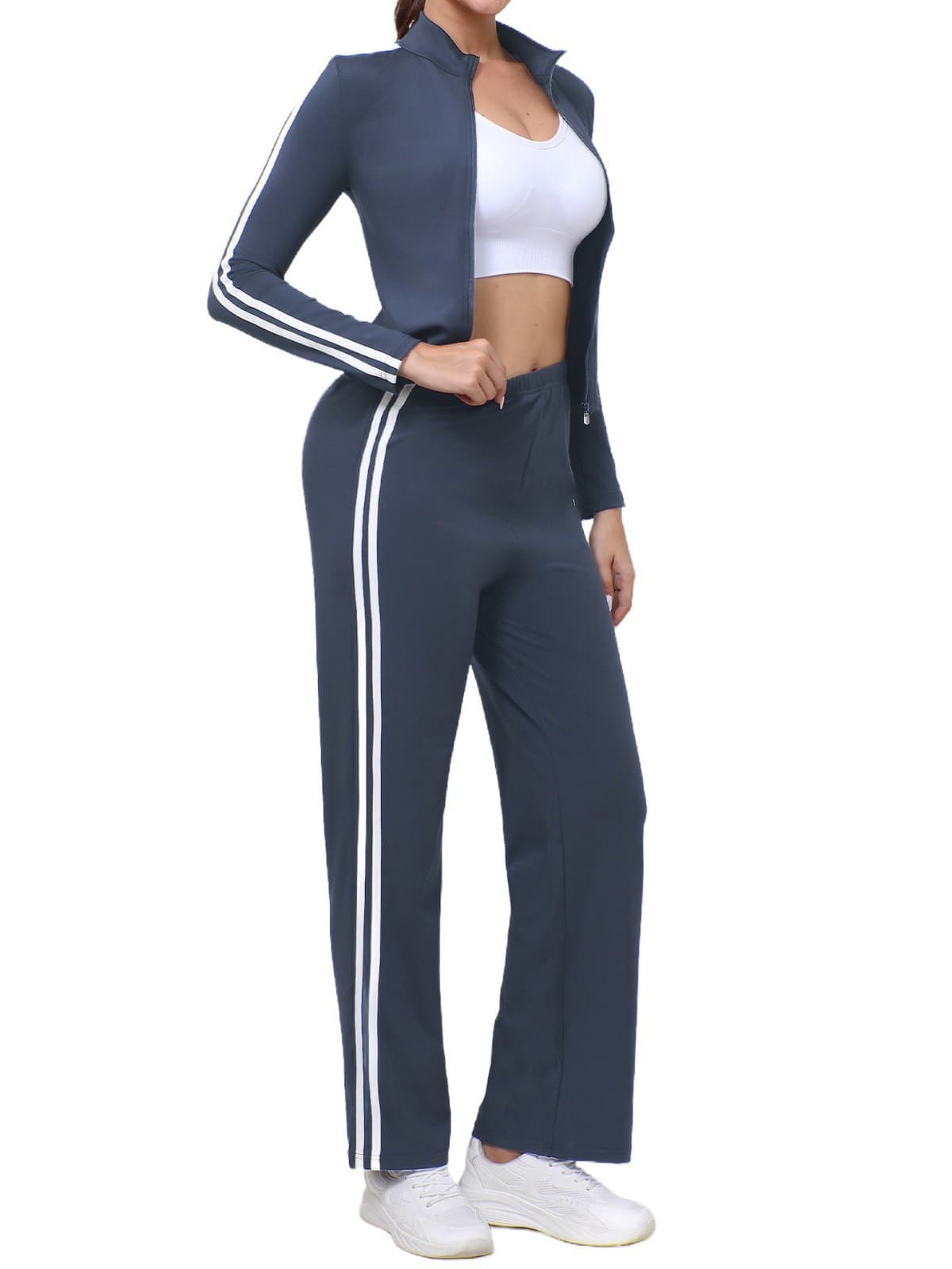 Two-Piece Set Of Black And White Contrasting Color Zippered Elastic Slim-Fit Long-Sleeved Jacket Sports Outdoor Yoga Wear Women's Yoga Set