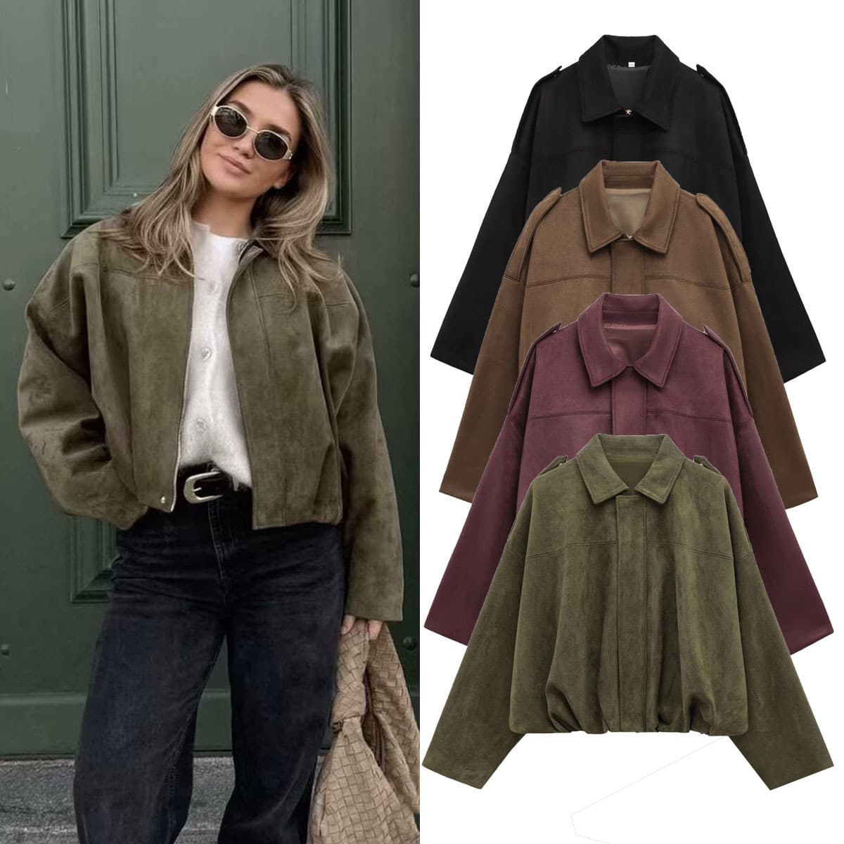 Autumn And Winter European And American Bomber Jacket Bat Sleeve Zipper Loose Suede Texture Tops Women's Casual Tops Women