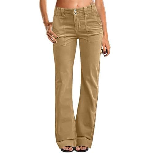 Women's Multi Pocket Stretch Elastic Waist Twill Cotton Pants High Waisted Comfortable Form Fitting Formal Casual Wide Leg Pants
