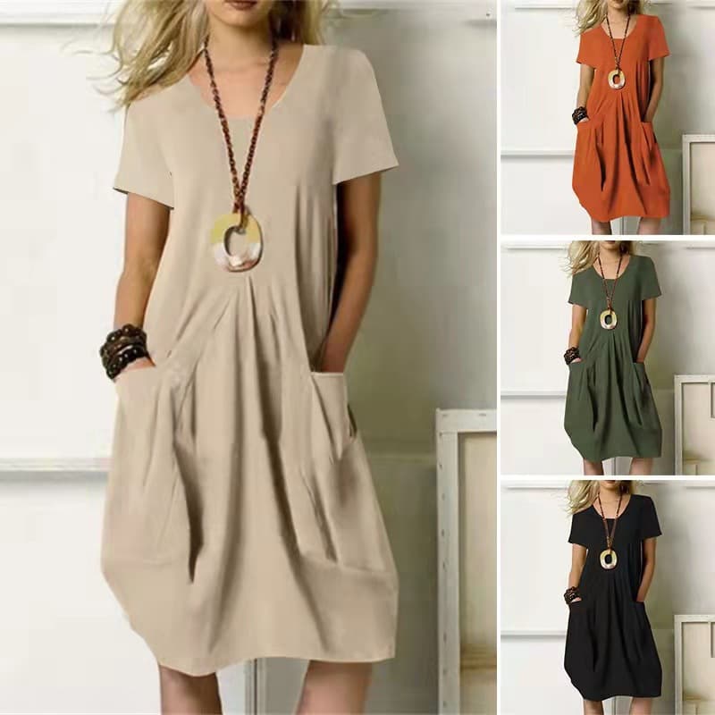Cross-Border Summer New Model Amazon Wish Hot-Selling Cotton And Linen Solid Color Loose Round Neck Short-Sleeved Dress