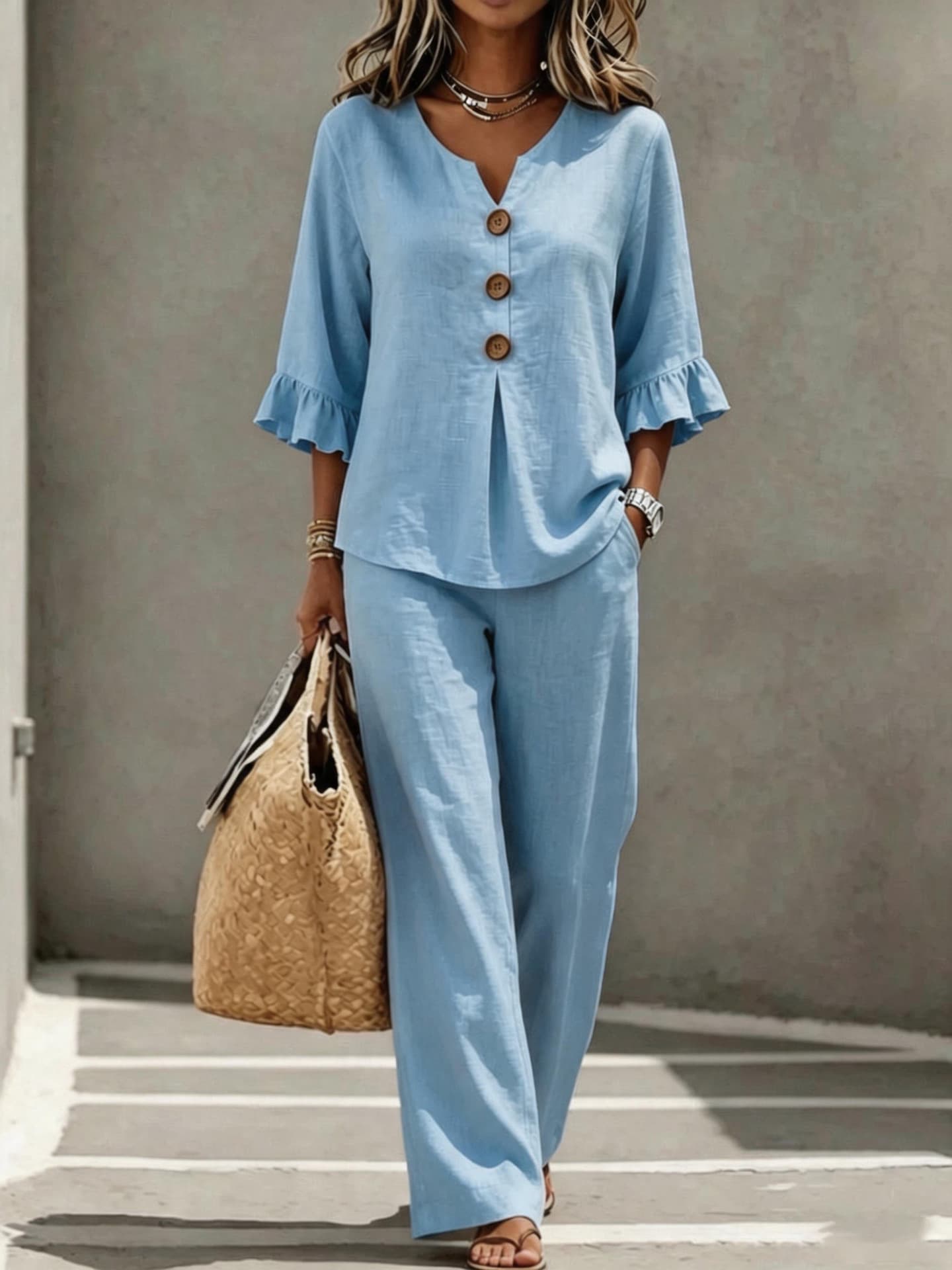 European And American Cross-Border Foreign Trade Women's New Casual Button-Down V-Neck Ruffled Three-Quarter Sleeve Top And Long Pants Two-Piece Set