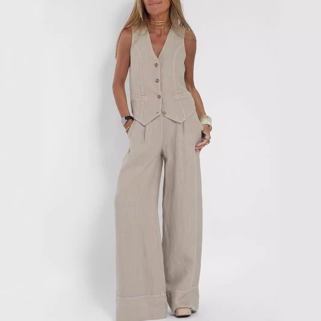 European And American Cross-Border Hot-Selling New Fashion Vest And Pants Patchwork Cotton-Linen Casual Set