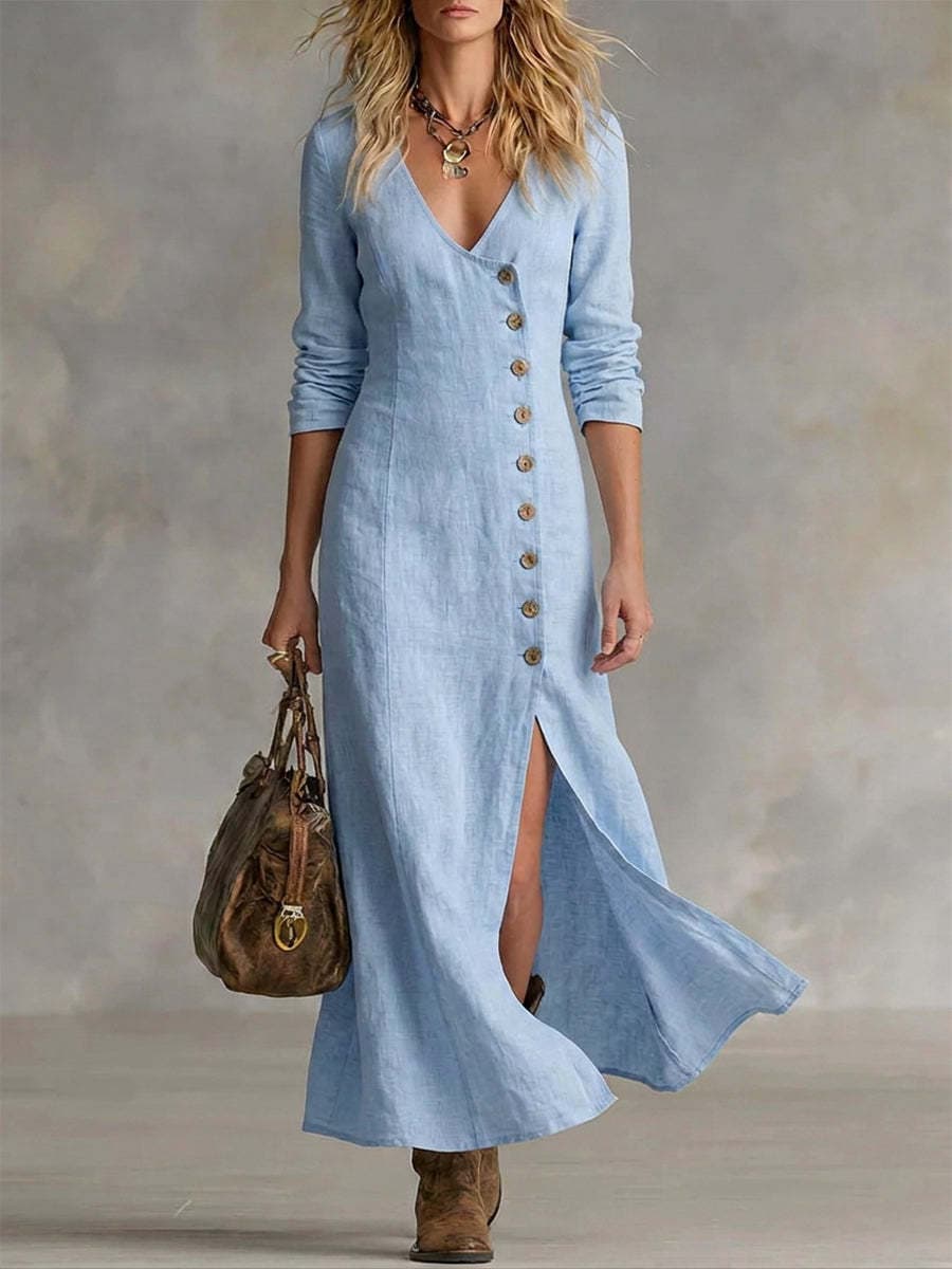 European And American Cross-Border Amazon New Spring And Summer Fashion Casual Cotton And Linen Long-Sleeve Button-Front Women's Dress