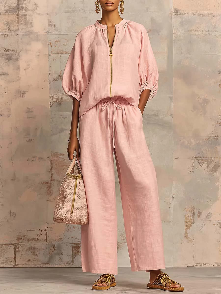 Summer New European And American Cross-Border Women's Fashion Casual Loose Solid Color Zipper Round Neck Wide-Leg Pants Set For Women