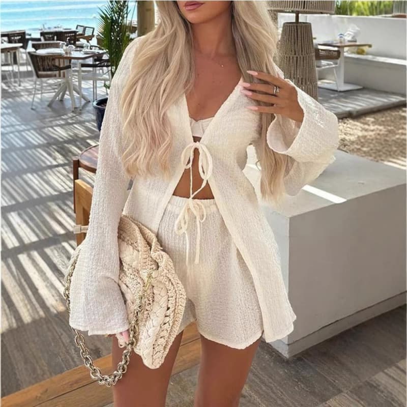 Spring Summer Women Vacation Loose Two Piece Set Tie Shorts Outfit Elastic Waist Top