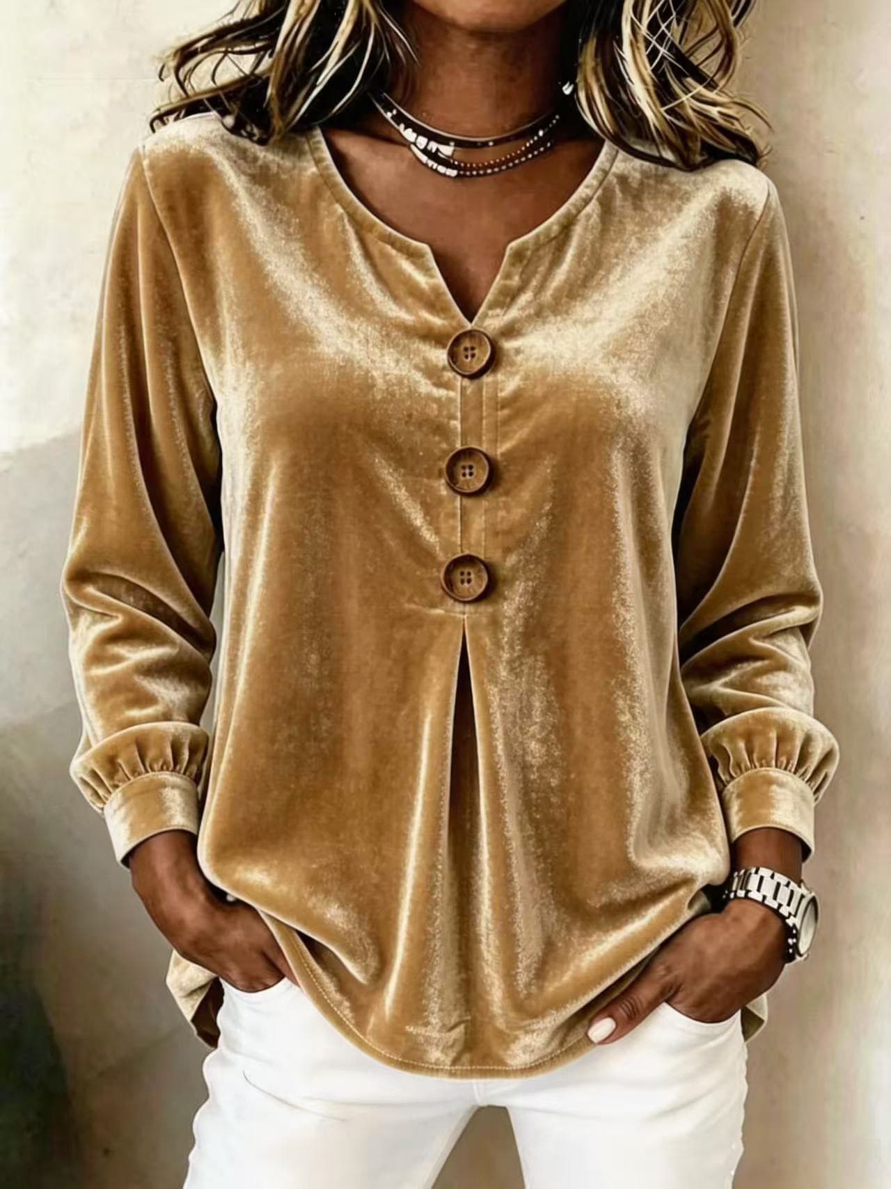 2026 New Style Elegant V Neck Buttoned Long Sleeved Velvet Top T Shirt For Women