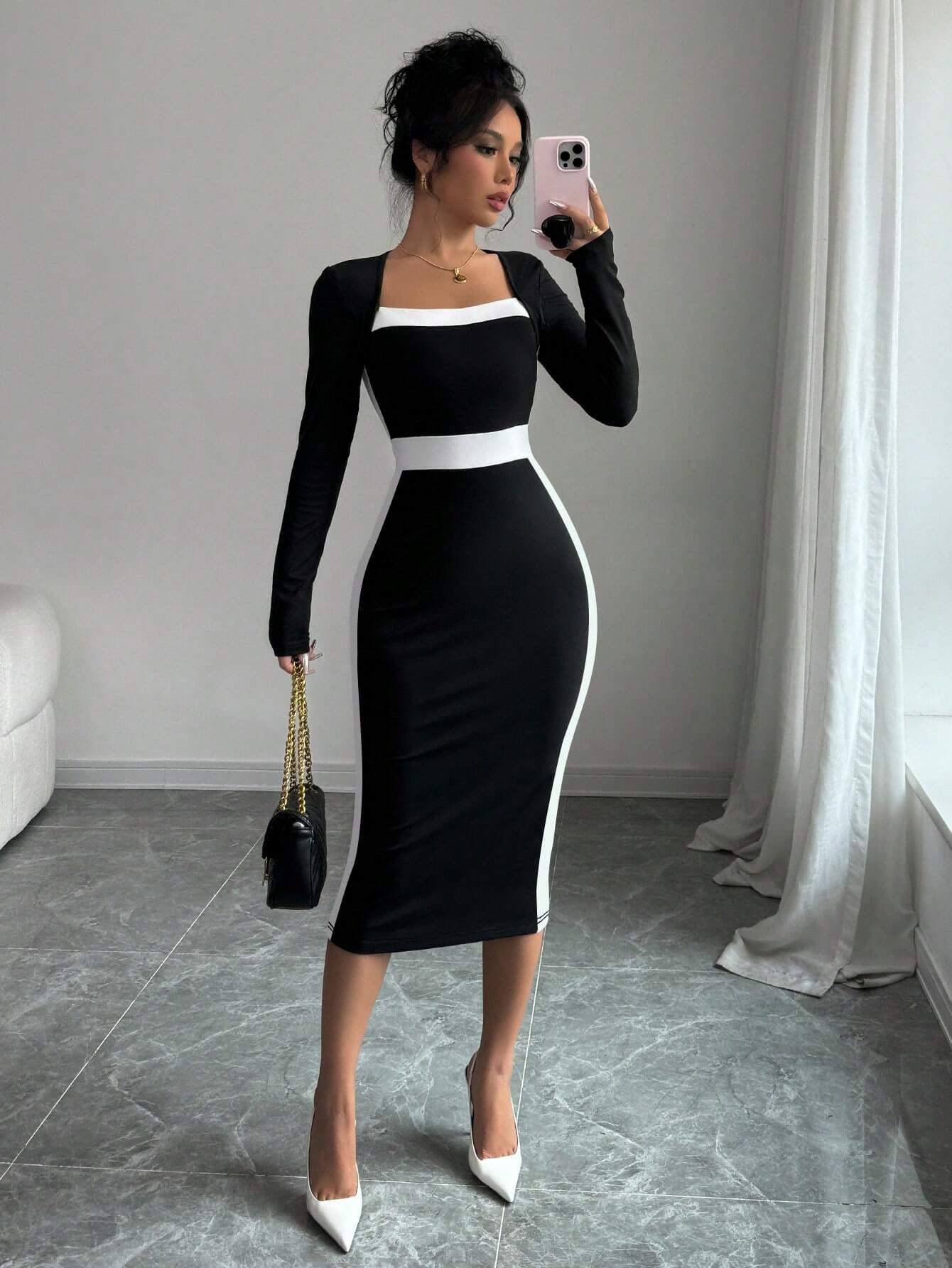 European And American Women's Fashionable And Elegant Slim-Fitting Square-Neck Long-Sleeved Hip-Hugging Splicing Dress