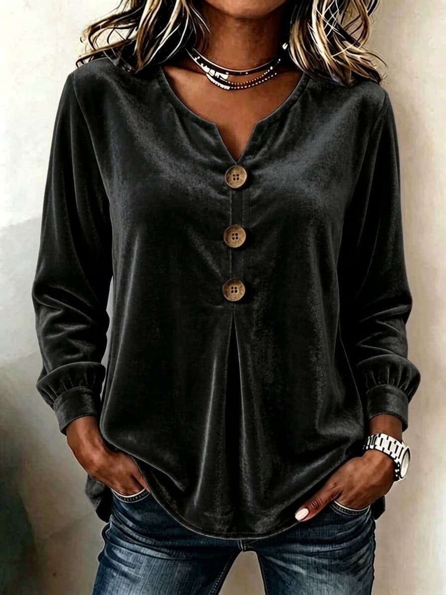 2026 New Style Elegant V Neck Buttoned Long Sleeved Velvet Top T Shirt For Women