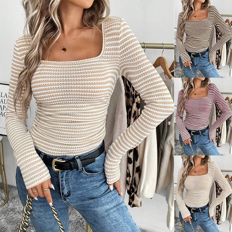 Real Shot Of European And American Cross-Border Amazon New Women's T-Shirt Square Collar Pullover Slim Knitted Long-Sleeved Bottoming Shirt